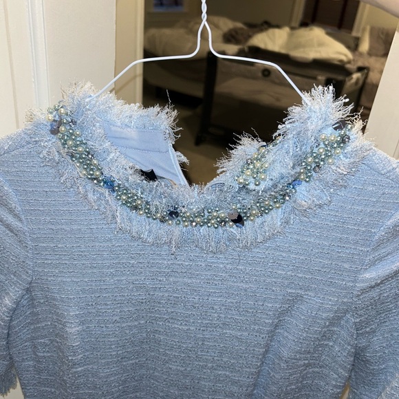 Teri Jon Light Blue Tweed Dress with Fringe Accents - Picture 2 of 4